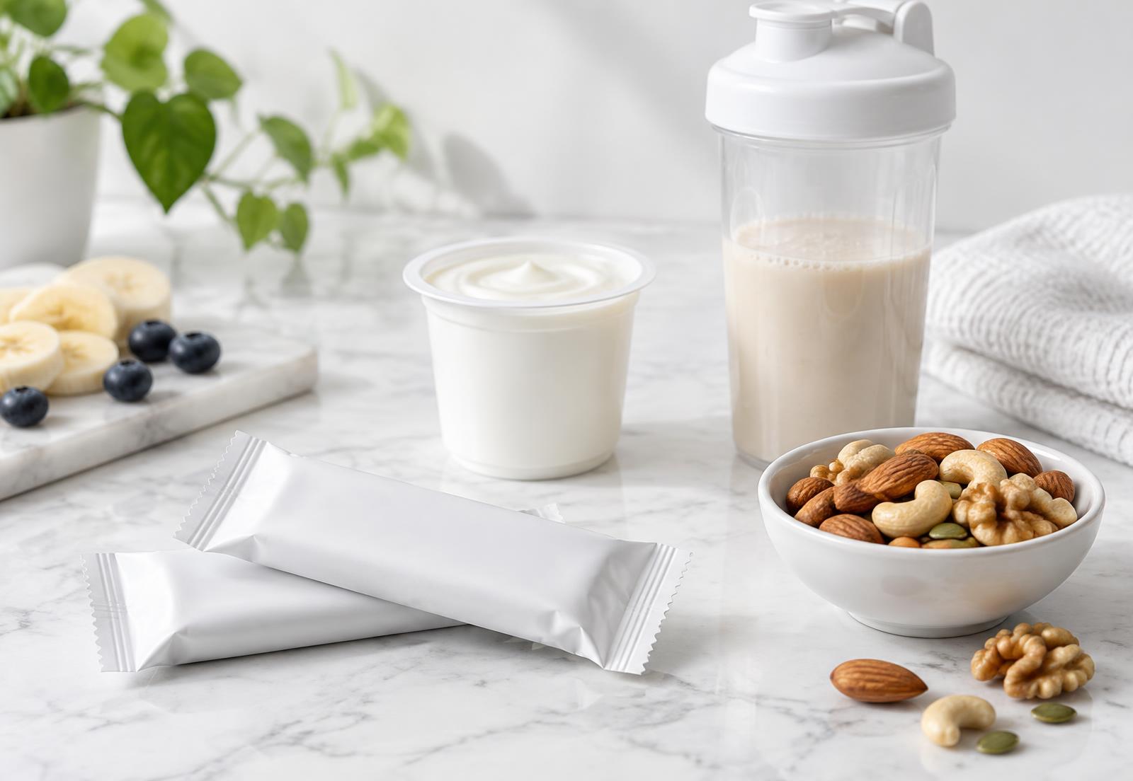 High-protein snacks including bars, a yogurt pot, a protein shake and mixed nuts on a white surface